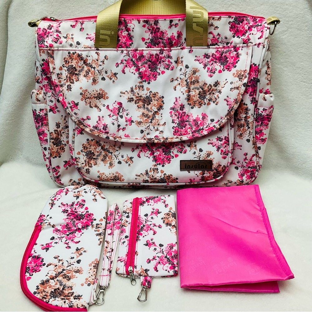 INSOLAR 15”x13” Floral Pink Baby Infant Insulated Diaper Bag - 4 Piece Set